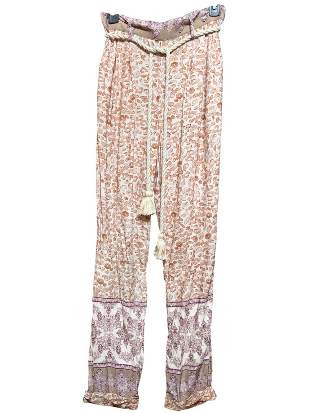 Ollari Women's Print Pants Cream & Blush Artisian Print with Rope Tie S